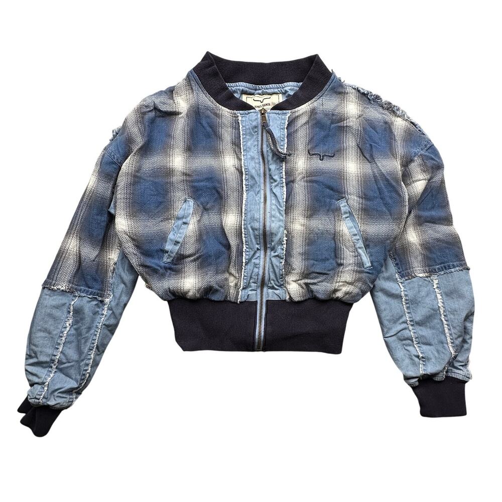 Kimes Ranch Belinda Patchwork Denim Bomber Jacket Womens Small Zip Western Blue